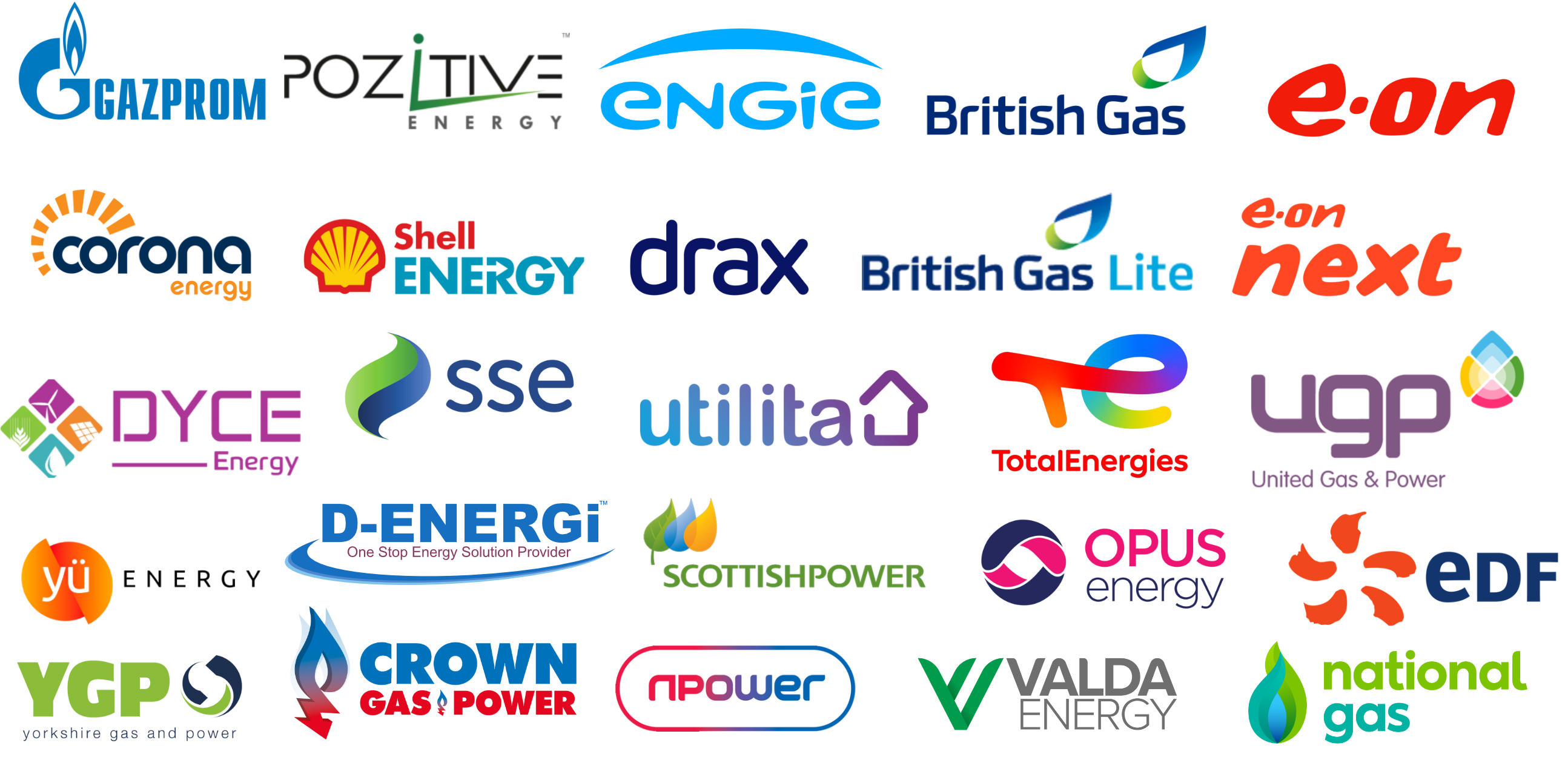 UK Energy Suppliers - including British Gas, EDF, E.ON, Shell Energy, SSE, ScottishPower, TotalEnergies, Opus Energy, and more